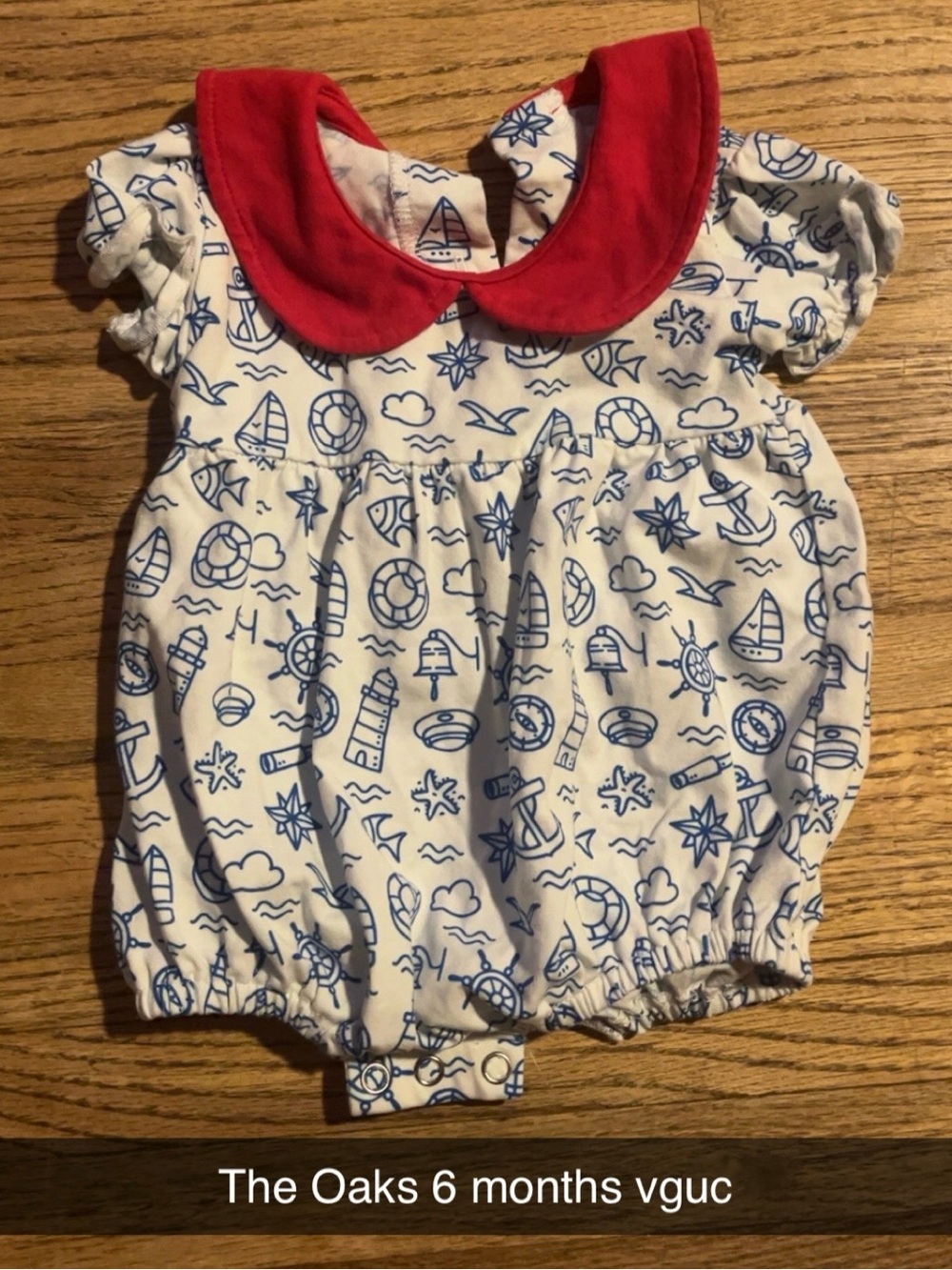 The Oaks Nautical-Print Baby One-Piece with Red Collar